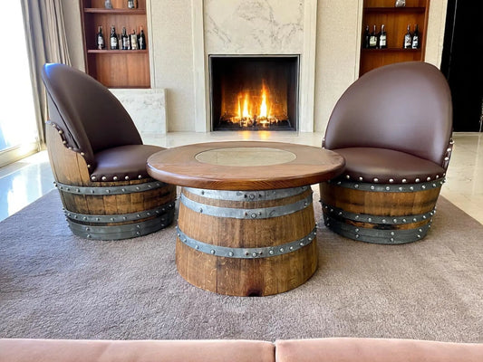 Rustic Whiskey Barrel Coffee Table Furniture Set