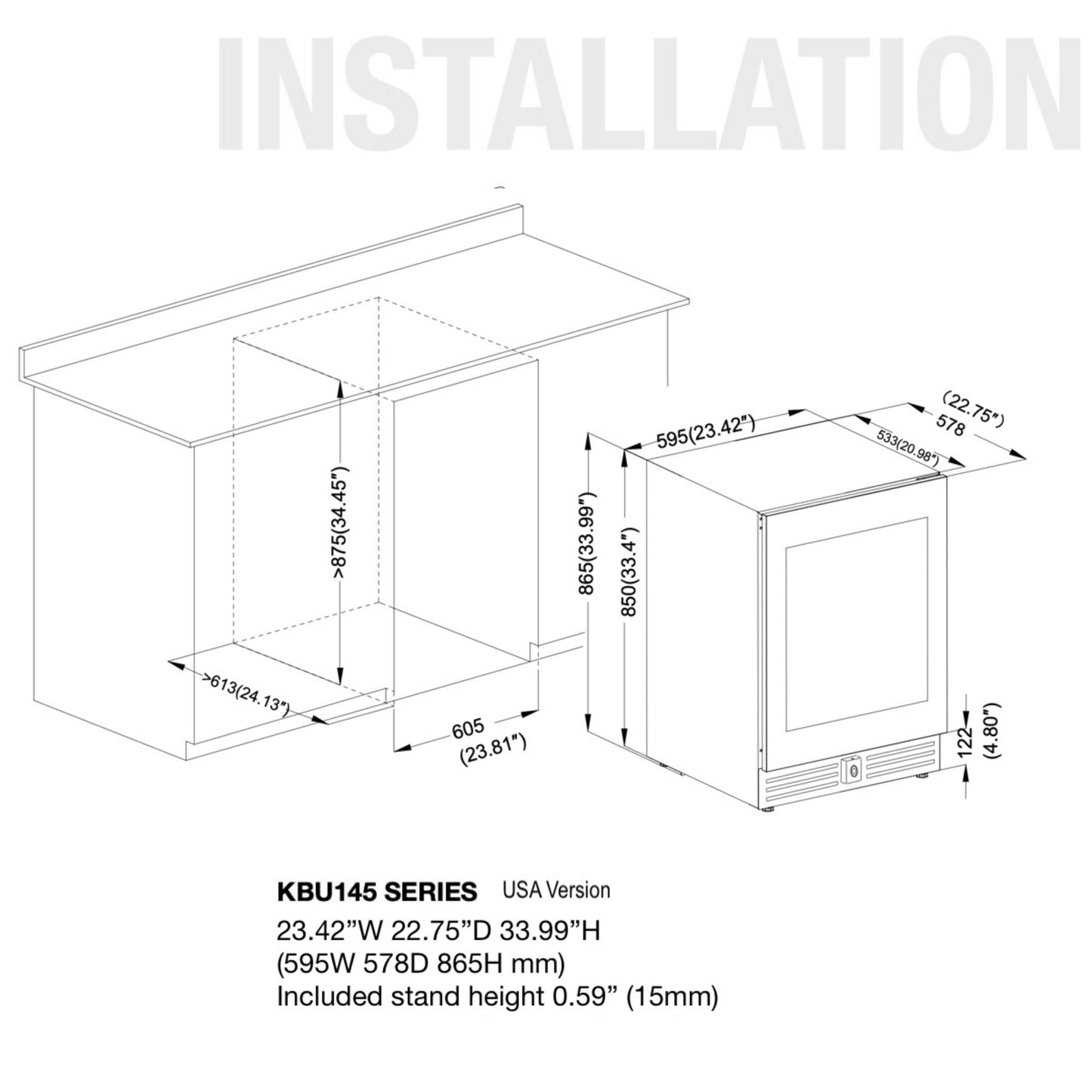 KingsBottle Ultimate Under Bench Wine & Beverage Refrigerator – 46 Bottle & 161 Can Cooler with Low-E Glass Door
