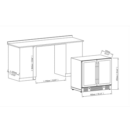 KingsBottle 36" Under-Counter Dual Zone Wine Refrigerator – 68 Bottle Wine Cooler with Low-E Glass Door