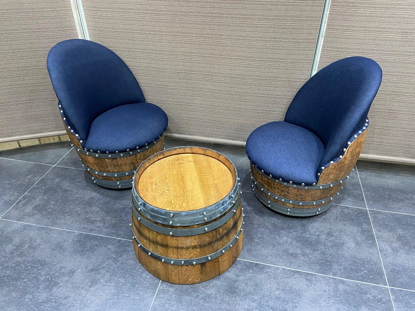 Rustic Whiskey Barrel Furniture Set - Blue Denim Chairs