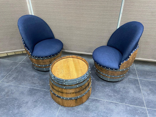 Rustic Whiskey Barrel Furniture Set - Blue Denim Chairs