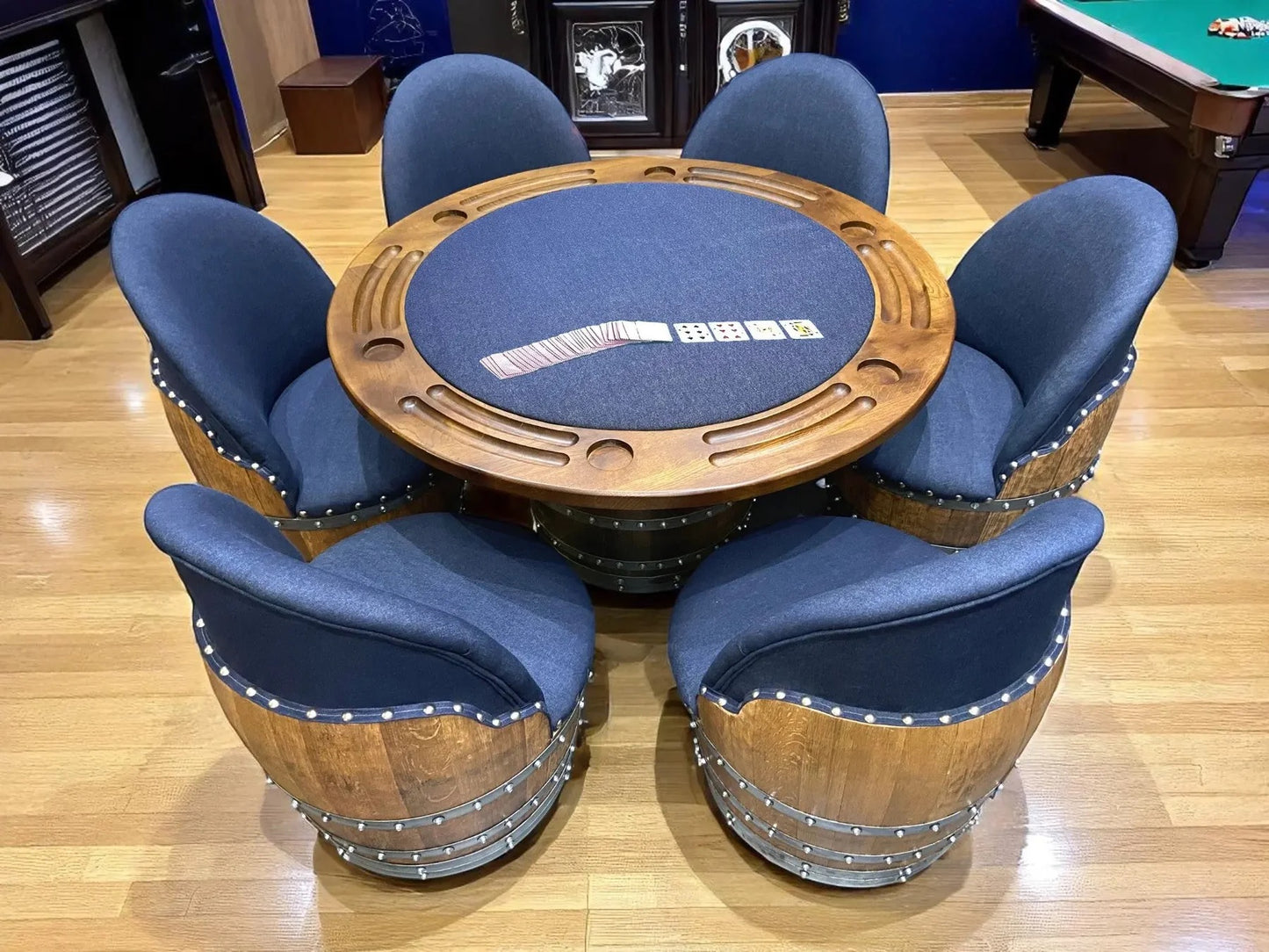 Dark Navy Blue Wine Barrel Poker Set with Game Table & Barrel Chair