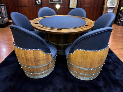 Dark Navy Blue Wine Barrel Poker Set with Game Table & Barrel Chair