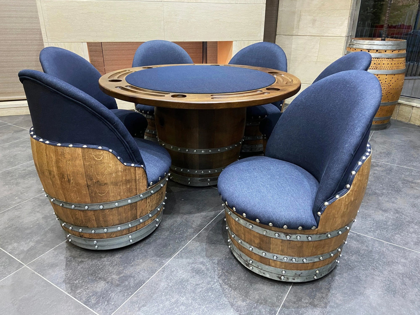Dark Navy Blue Wine Barrel Poker Set with Game Table & Barrel Chair