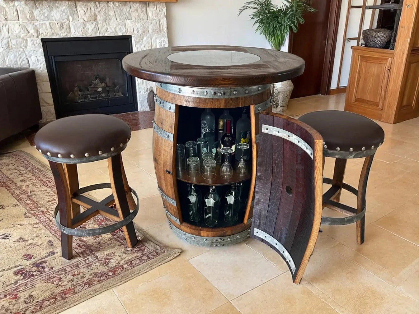 Oak Barrel Pub Table Set - Counter Height Wood Glass Top