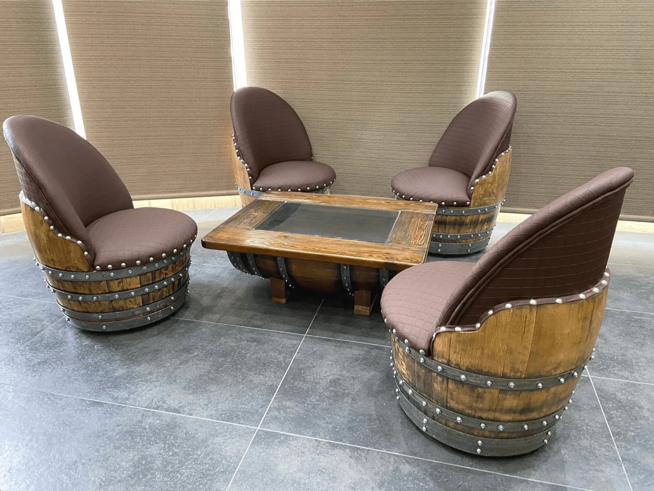 Rustic Whiskey Barrel Furniture Set - Dark Oak Coffee Table