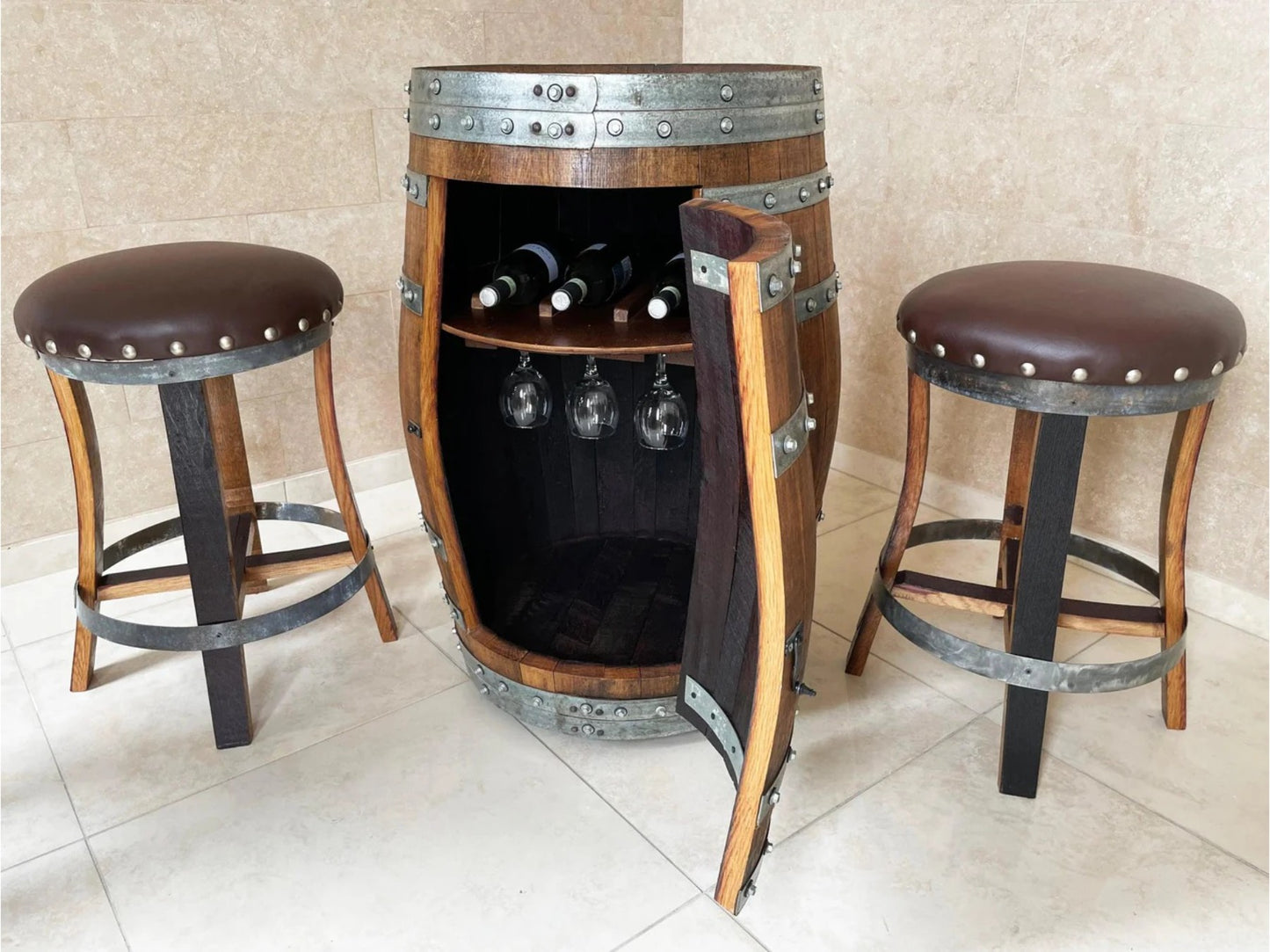 Brown Oak Barrel Bar Stool