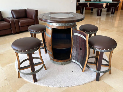 Oak Barrel Pub Table Set - Counter Height Wood Glass Top