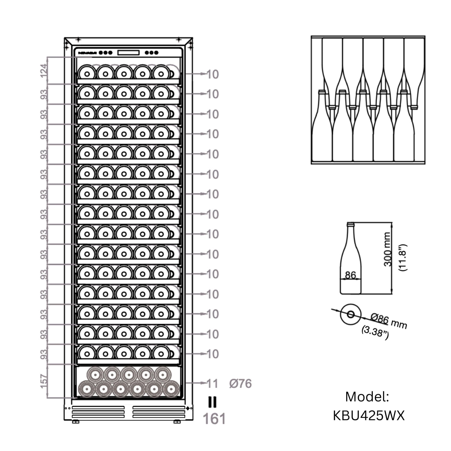KingsBottle Upright Single Zone Large Wine Refrigerator – 161 Bottle Wine Cooler with Low-E Glass Door