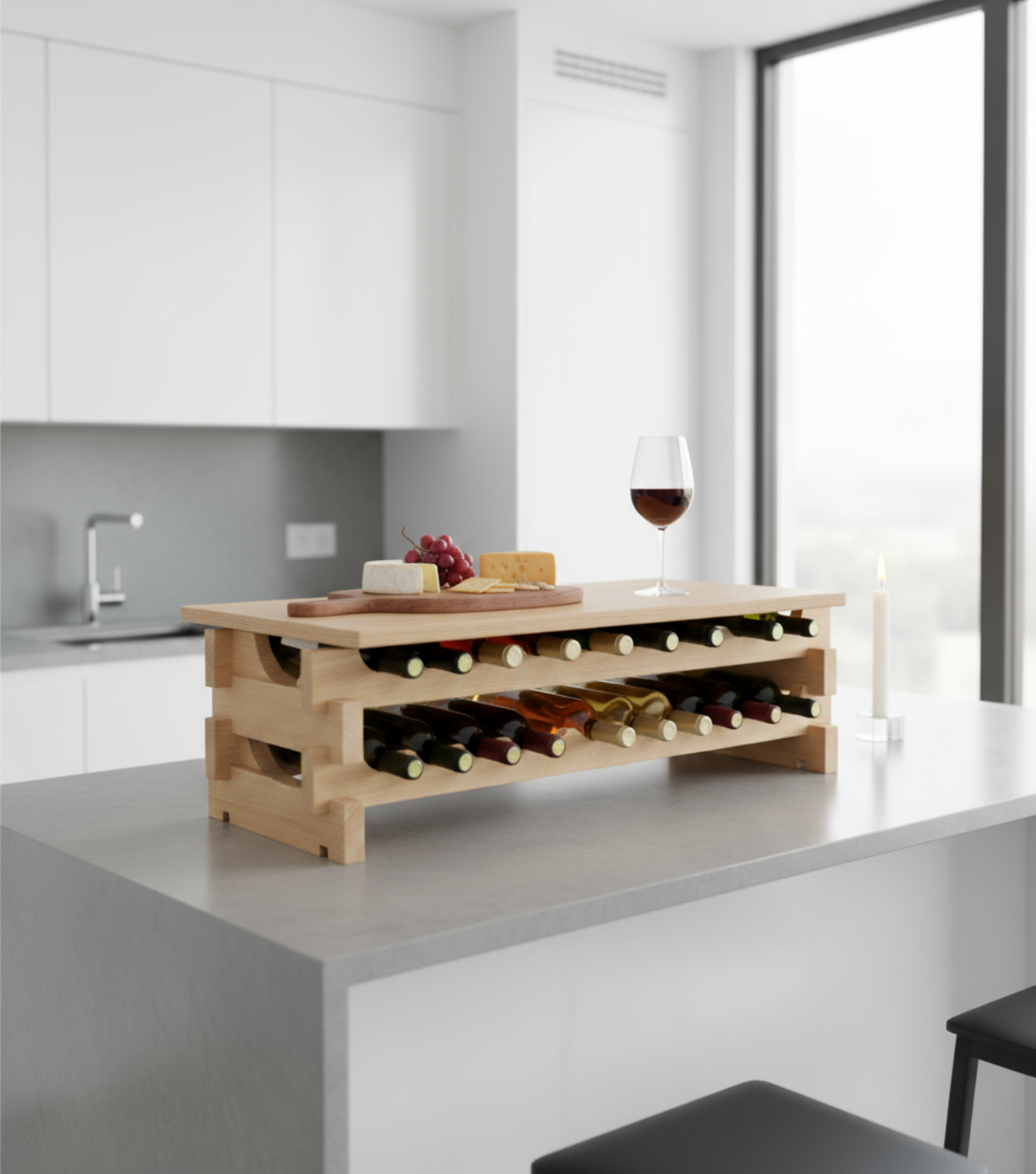Stackable Custom Pine Wine Bottle Rack with Optional Tabletop Serving Stand